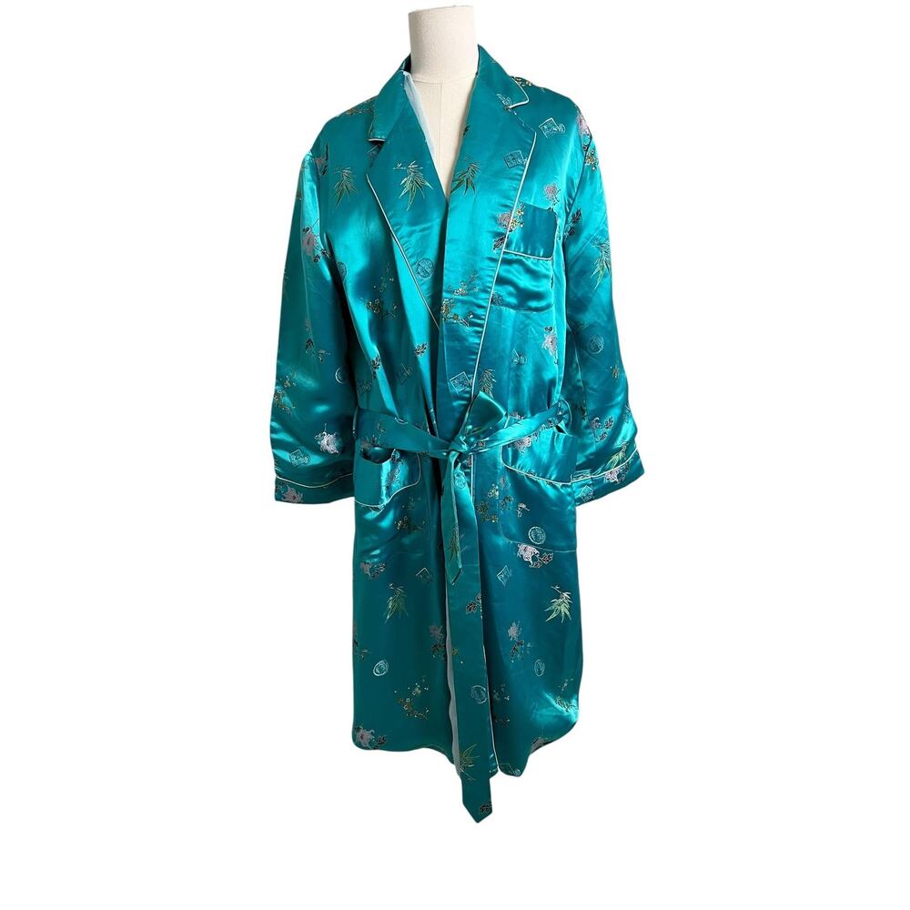 Peace Pigeon Kimono Robe Womens Large Blue Silk Floral Embroidered Belted